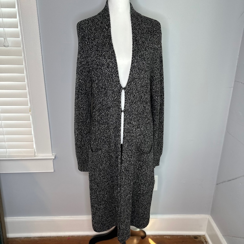Per Se Black/grey long knit cardigan. Size L. Good used condition.  Soft!